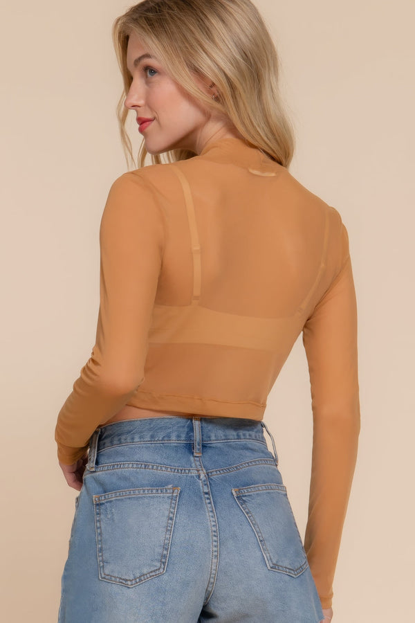 Long Sleeve Mock Neck Mesh Top - Women's top - SmartBuyApparel