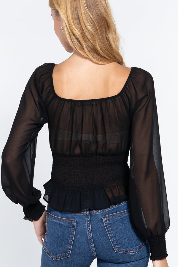 Long Sleeve Smocked Chiffon Top - Women's top - SmartBuyApparel