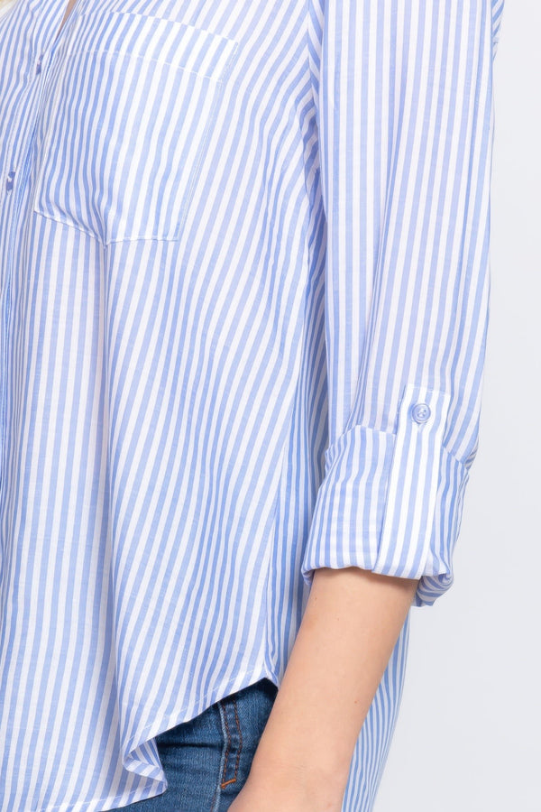 Long Sleeve Split Round Neck Stripe Woven Shirt - Women's shirt - SmartBuyApparel