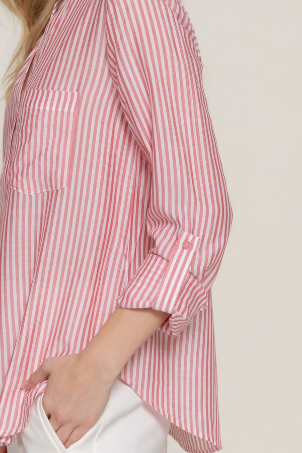 Long Sleeve Split Round Neck Stripe Woven Shirt - Women's shirt - SmartBuyApparel
