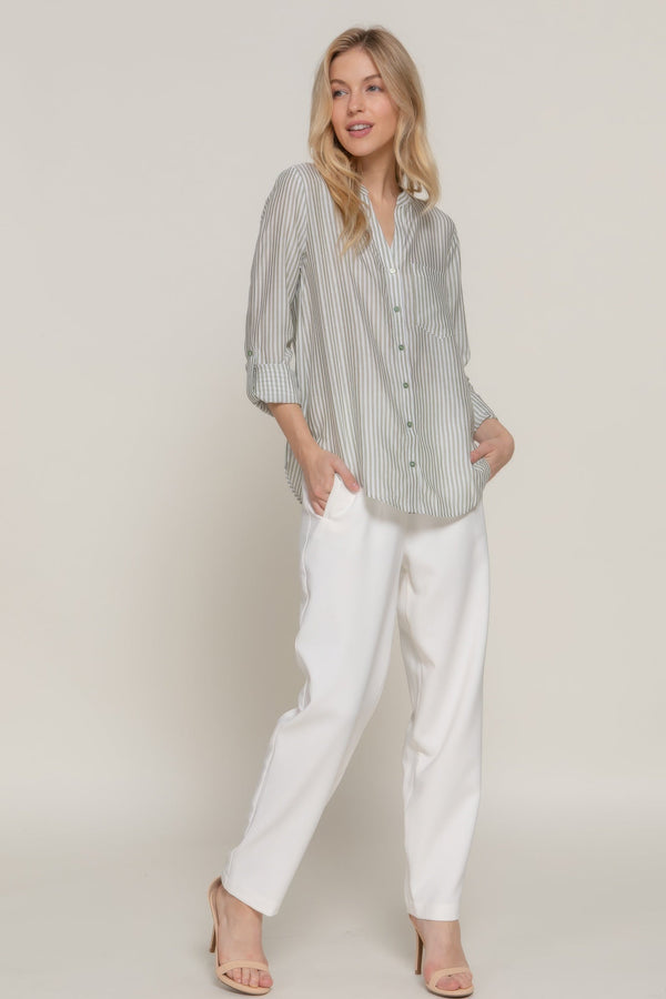 Long Sleeve Split Round Neck Stripe Woven Shirt - Women's shirt - SmartBuyApparel
