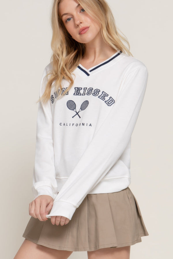 Long Sleeve V - neck Embroidered Sweatshirt - sweatshirt - SmartBuyApparel