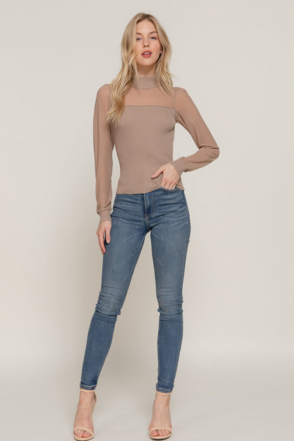 Long Slv Mesh Panel Detail Sweater Top - Top - SmartBuyApparel