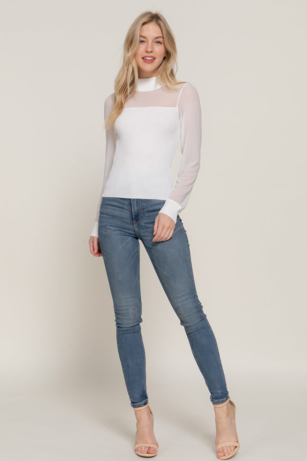Long Slv Mesh Panel Detail Sweater Top - Top - SmartBuyApparel