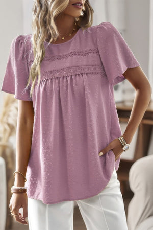 Loose Fit Dot Solid Lace Round Neck Top - | SmartBuyApparel