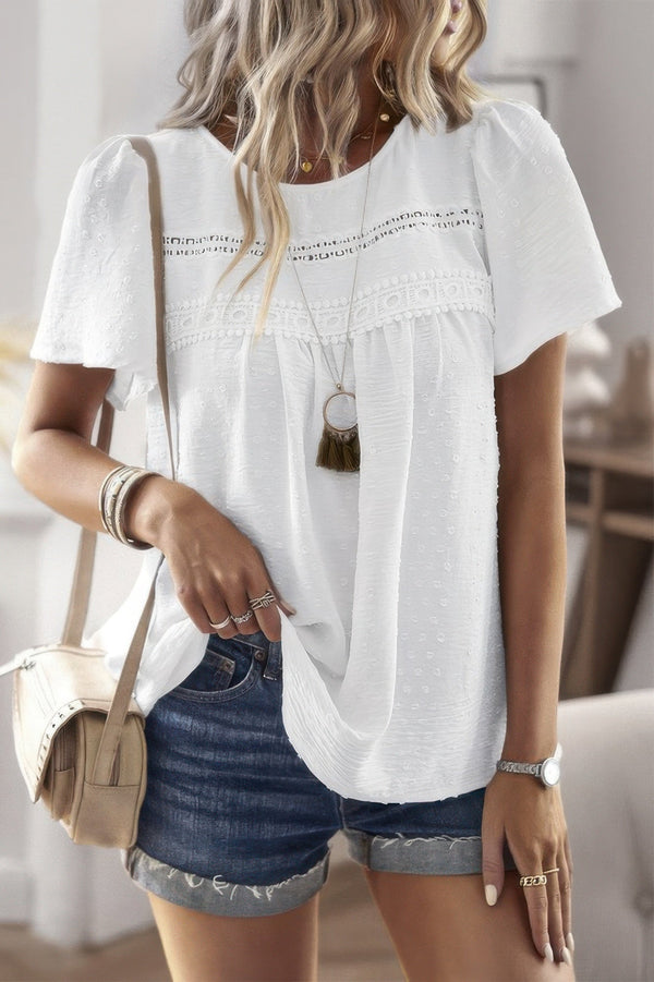 Loose Fit Dot Solid Lace Round Neck Top - | SmartBuyApparel