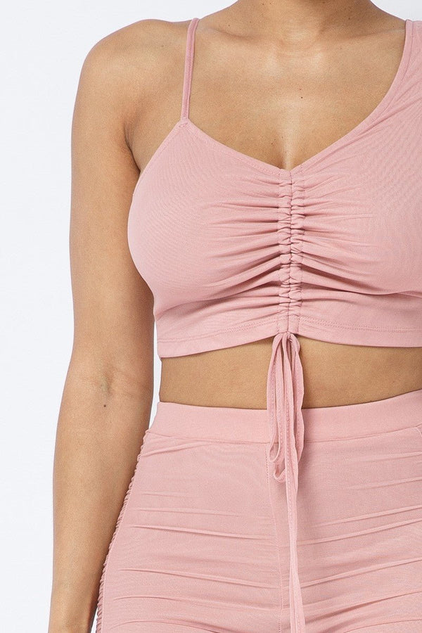 Mesh Strappy Adjustable Ruched Crop Top With Matching See Through Side Panel Leggings - Set - SmartBuyApparel