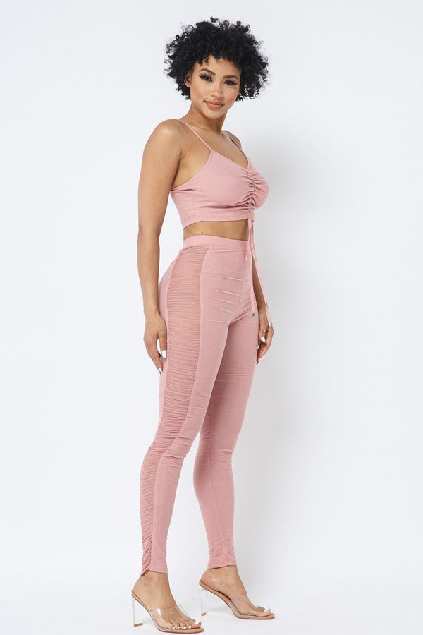 Mesh Strappy Adjustable Ruched Crop Top With Matching See Through Side Panel Leggings - Set - SmartBuyApparel