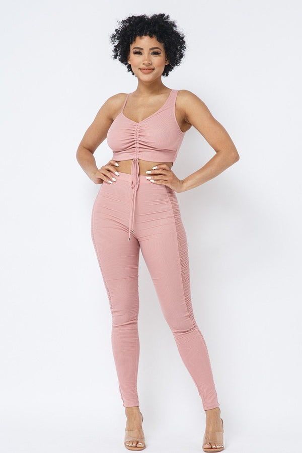 Mesh Strappy Adjustable Ruched Crop Top With Matching See Through Side Panel Leggings - Set - SmartBuyApparel