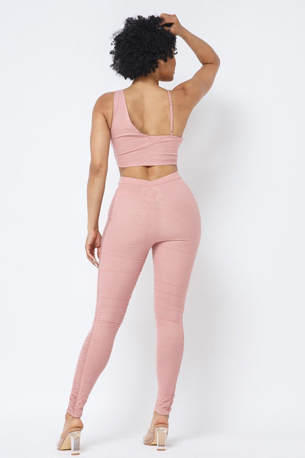 Mesh Strappy Adjustable Ruched Crop Top With Matching See Through Side Panel Leggings - Set - SmartBuyApparel