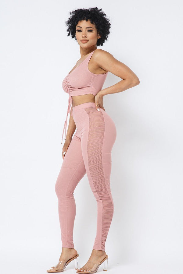 Mesh Strappy Adjustable Ruched Crop Top With Matching See Through Side Panel Leggings - Set - SmartBuyApparel