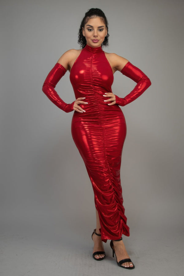 Metallic Ruched Dress With Sleeves - Dress - SmartBuyApparel