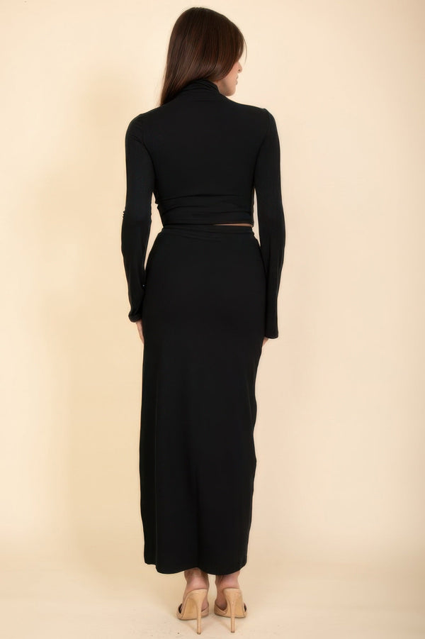 Mock Neck Bell Sleeve Crop Top & Maxi Skirt Set - Dress - SmartBuyApparel