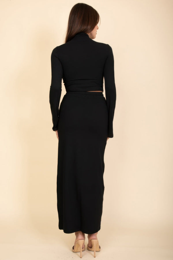 Mock Neck Bell Sleeve Crop Top & Maxi Skirt Set - Women's set - SmartBuyApparel