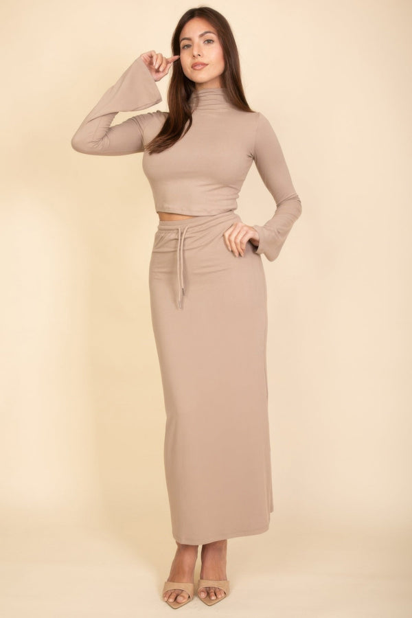 Mock Neck Bell Sleeve Crop Top & Maxi Skirt Set - Women's set - SmartBuyApparel