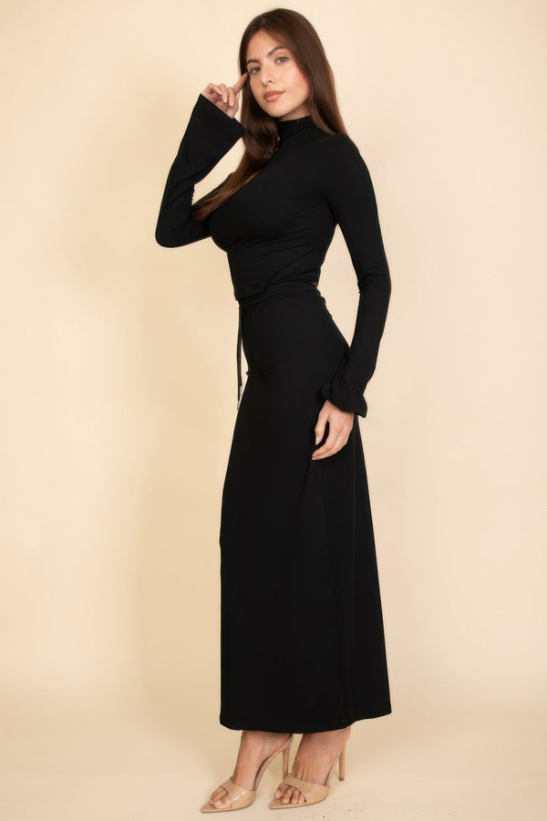 Mock Neck Bell Sleeve Crop Top & Maxi Skirt Set - Women's set - SmartBuyApparel