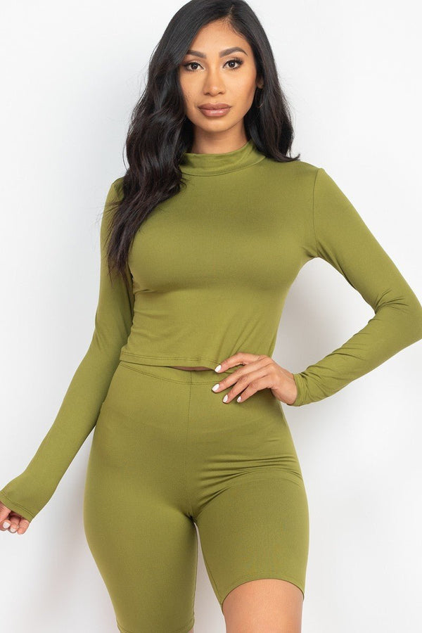 Mock Neck Top & Biker Shorts Set - Women's shorts - SmartBuyApparel