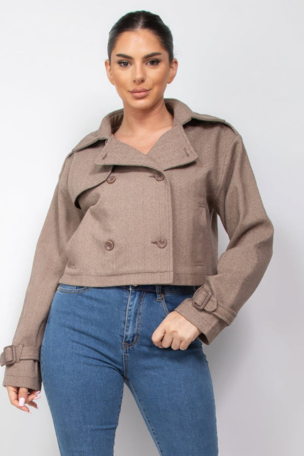 Notch Buckled Sleeve Crop Trench Coat - | SmartBuyApparel