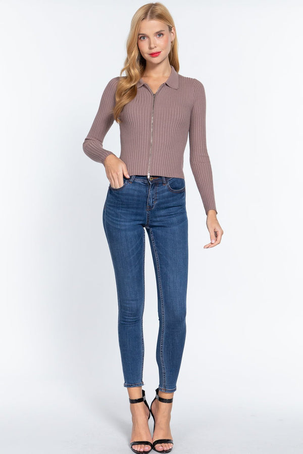 Notched Collar Zippered Sweater - Women's sweater - SmartBuyApparel
