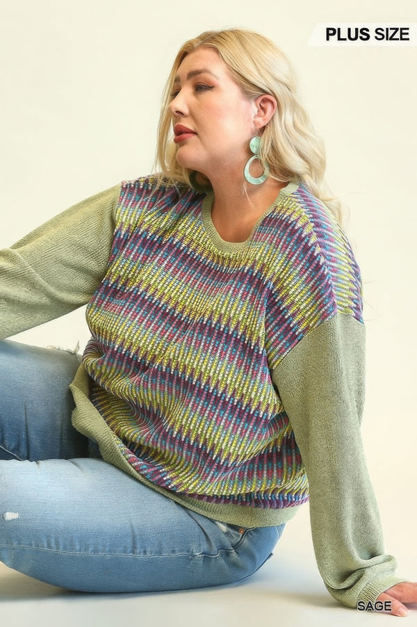 Novelty Knit And Solid Knit Mixed Loose Top With Drop Down Shoulder - Women's top - SmartBuyApparel