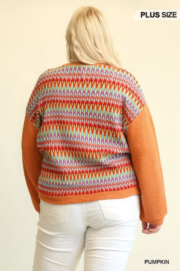 Novelty Knit And Solid Knit Mixed Loose Top With Drop Down Shoulder - Women's top - SmartBuyApparel