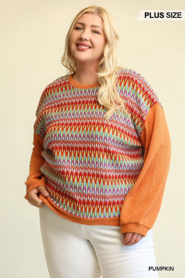 Novelty Knit And Solid Knit Mixed Loose Top With Drop Down Shoulder - Women's top - SmartBuyApparel