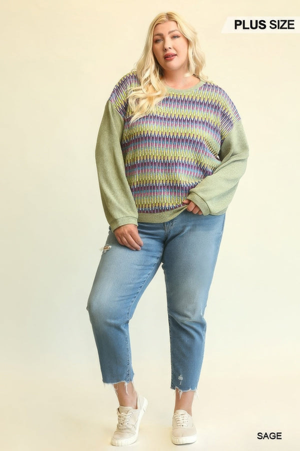 Novelty Knit And Solid Knit Mixed Loose Top With Drop Down Shoulder - Women's top - SmartBuyApparel