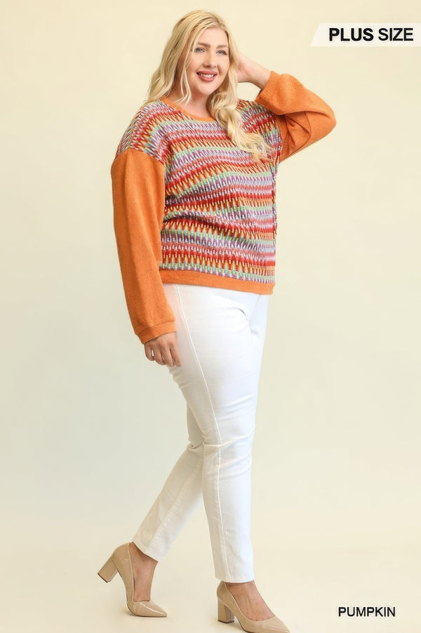 Novelty Knit And Solid Knit Mixed Loose Top With Drop Down Shoulder - Women's top - SmartBuyApparel