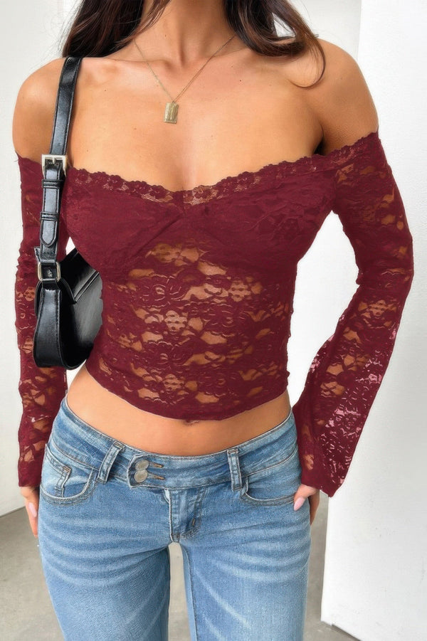 Off Shoulder Fitted Sheer Lace Long Sleeve Top - | SmartBuyApparel