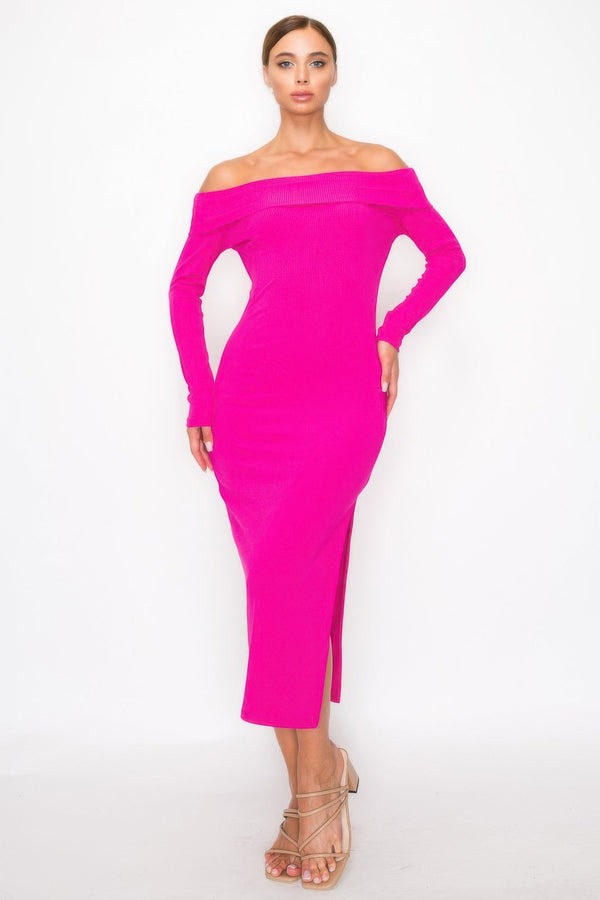 Off - shoulder Rib Midi Dress - Dress - SmartBuyApparel