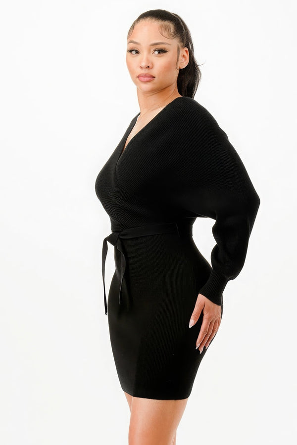 Off Shoulder Wrap Belted Ribbed Sweather Dress - | SmartBuyApparel