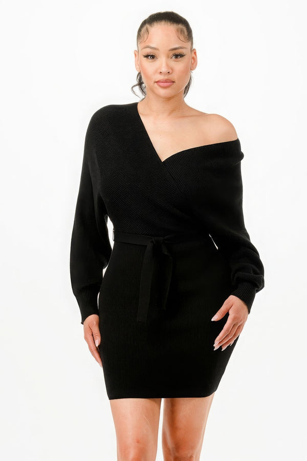 Off Shoulder Wrap Belted Ribbed Sweather Dress - | SmartBuyApparel