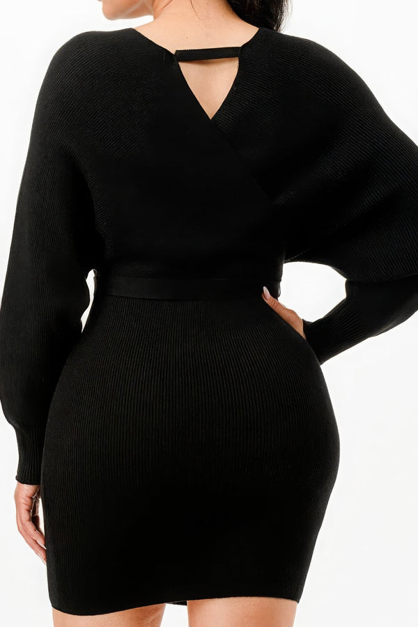 Off Shoulder Wrap Belted Ribbed Sweather Dress - | SmartBuyApparel