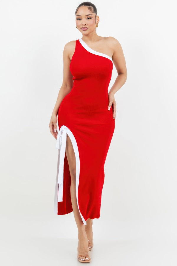 One Shoulder Side Slit Tie - up Maxi Dress - Dress - SmartBuyApparel