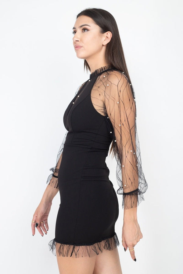 Pearl Trim Mesh Bodycon Dress - Dress - SmartBuyApparel