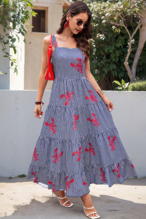 Plaid Lobster Print A Line Ruched Dress - | SmartBuyApparel