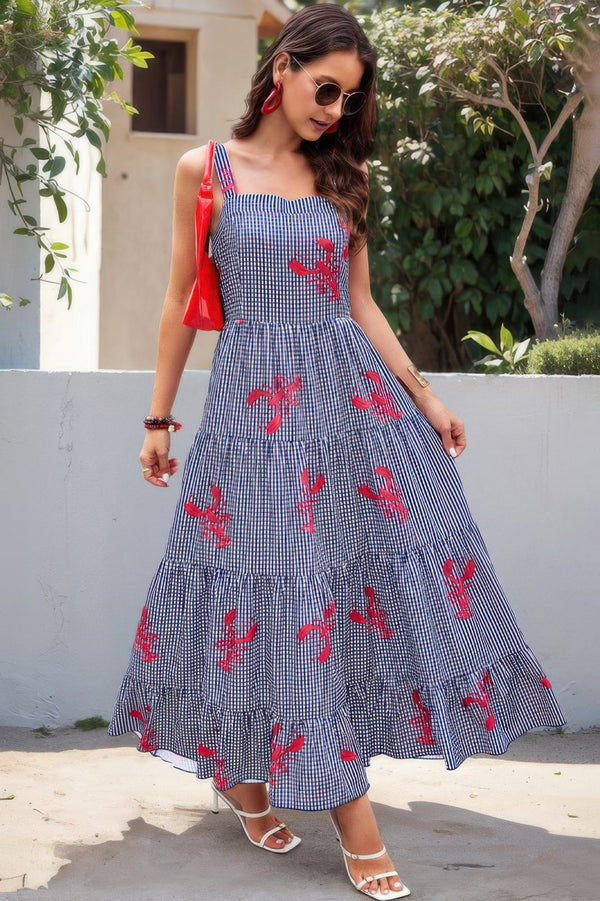 Plaid Lobster Print A Line Ruched Dress - | SmartBuyApparel