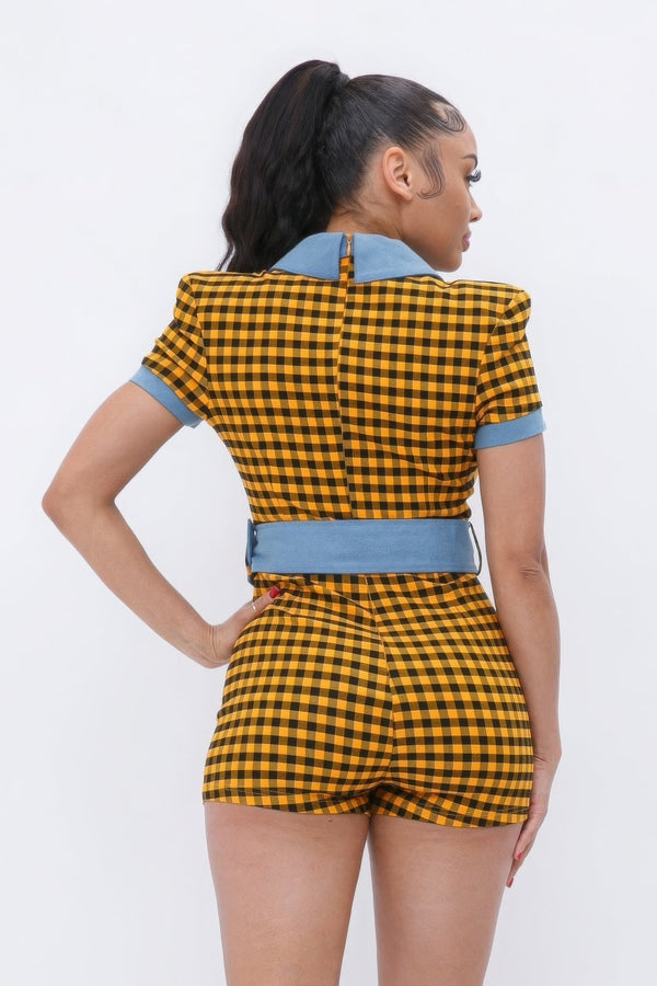 Plaid Print Denim Romper - Romper - SmartBuyApparel