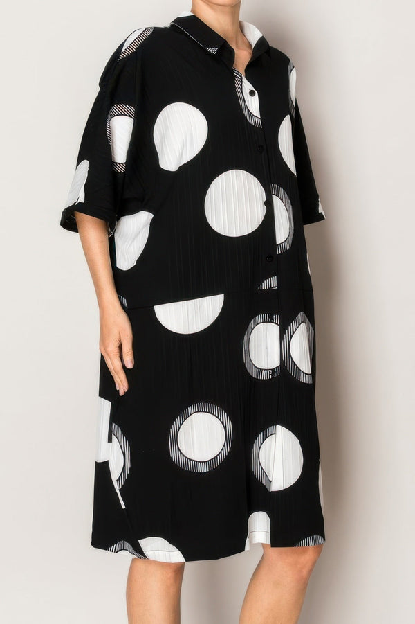 Pleated Lapel Polka Dot Print Shirtdress - | SmartBuyApparel