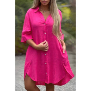 Plus A Line Button Loose Fit Pockets Solid Dress - | SmartBuyApparel