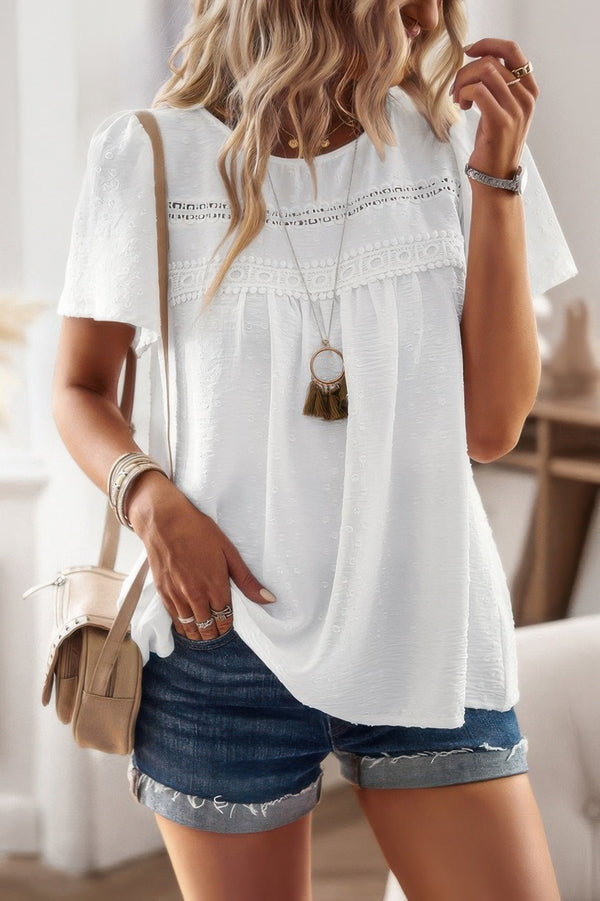 Plus Dot Cut Out Lace Trim Loose Fit Top - | SmartBuyApparel