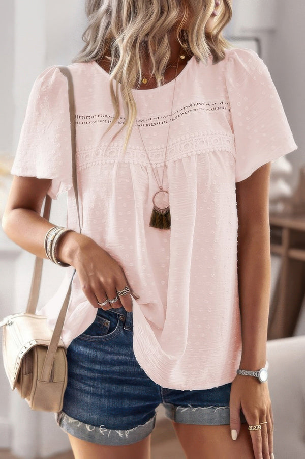 Plus Dot Cut Out Lace Trim Loose Fit Top - | SmartBuyApparel