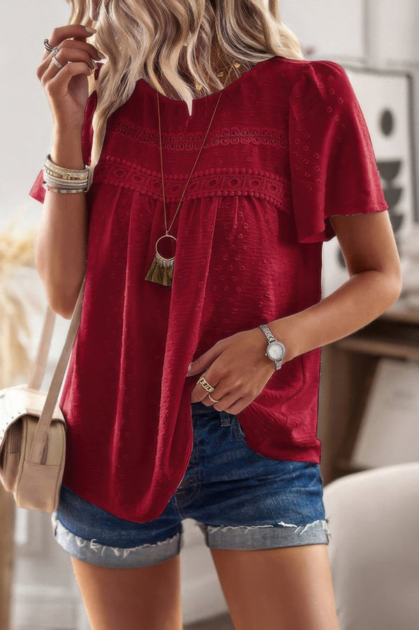 Plus Dot Cut Out Lace Trim Loose Fit Top - | SmartBuyApparel