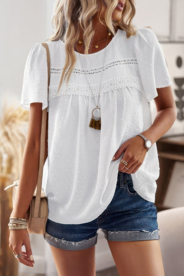 Plus Dot Cut Out Lace Trim Loose Fit Top - | SmartBuyApparel