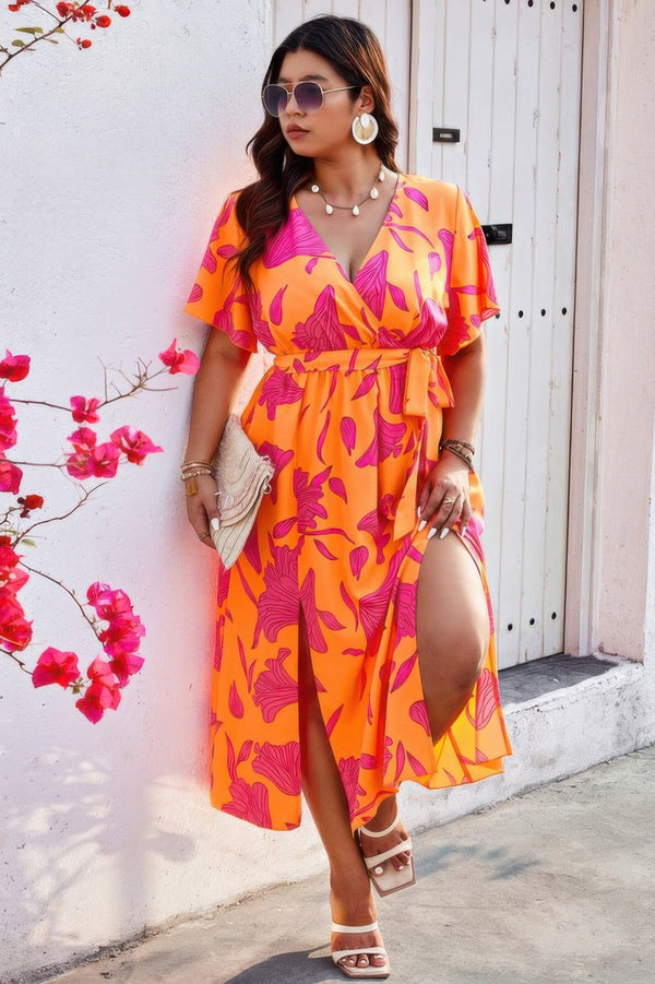 Plus Floral Short Sleeve Split Belted Midi Dress - | SmartBuyApparel
