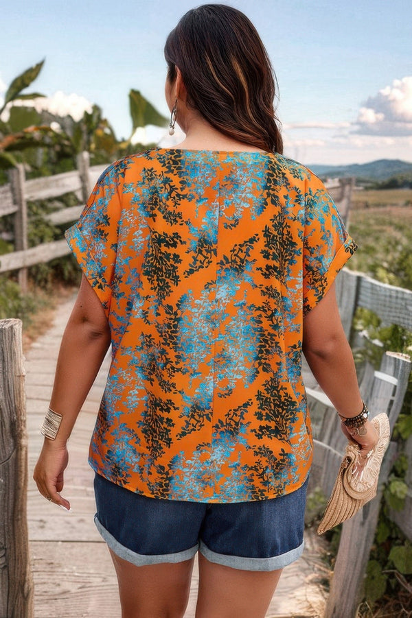 Plus Floral V Neck Batwing Sleeve Loose Shirt - | SmartBuyApparel