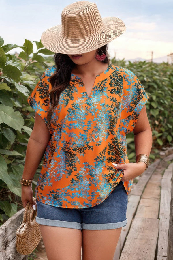 Plus Floral V Neck Batwing Sleeve Loose Shirt - | SmartBuyApparel