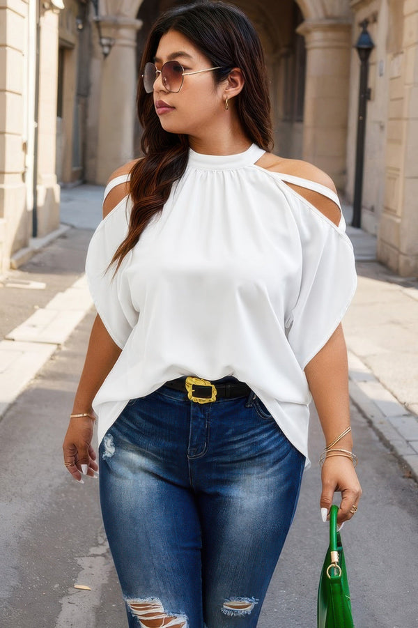 Plus Halter Open Shoulder Bat Sleeves Loose Top - | SmartBuyApparel