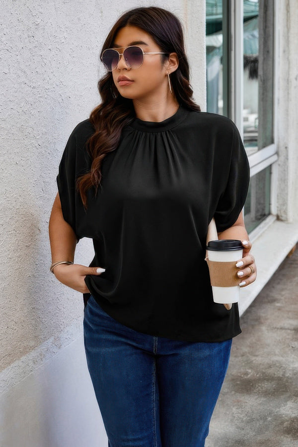 Plus Mock Neck Batwing Sleeve Loose Tunic Top - | SmartBuyApparel