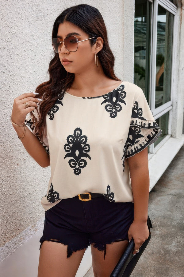 Plus Printed Ruffle Hem Wide Round Neck Blouse - | SmartBuyApparel